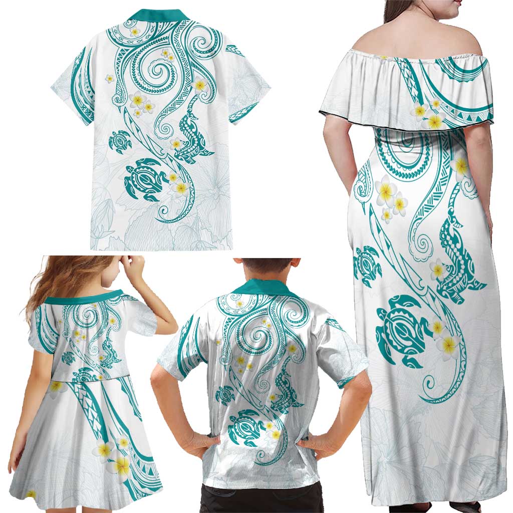 Polynesia Tribal Family Matching Off Shoulder Maxi Dress and Hawaiian Shirt Teal Plumeria Tentacles