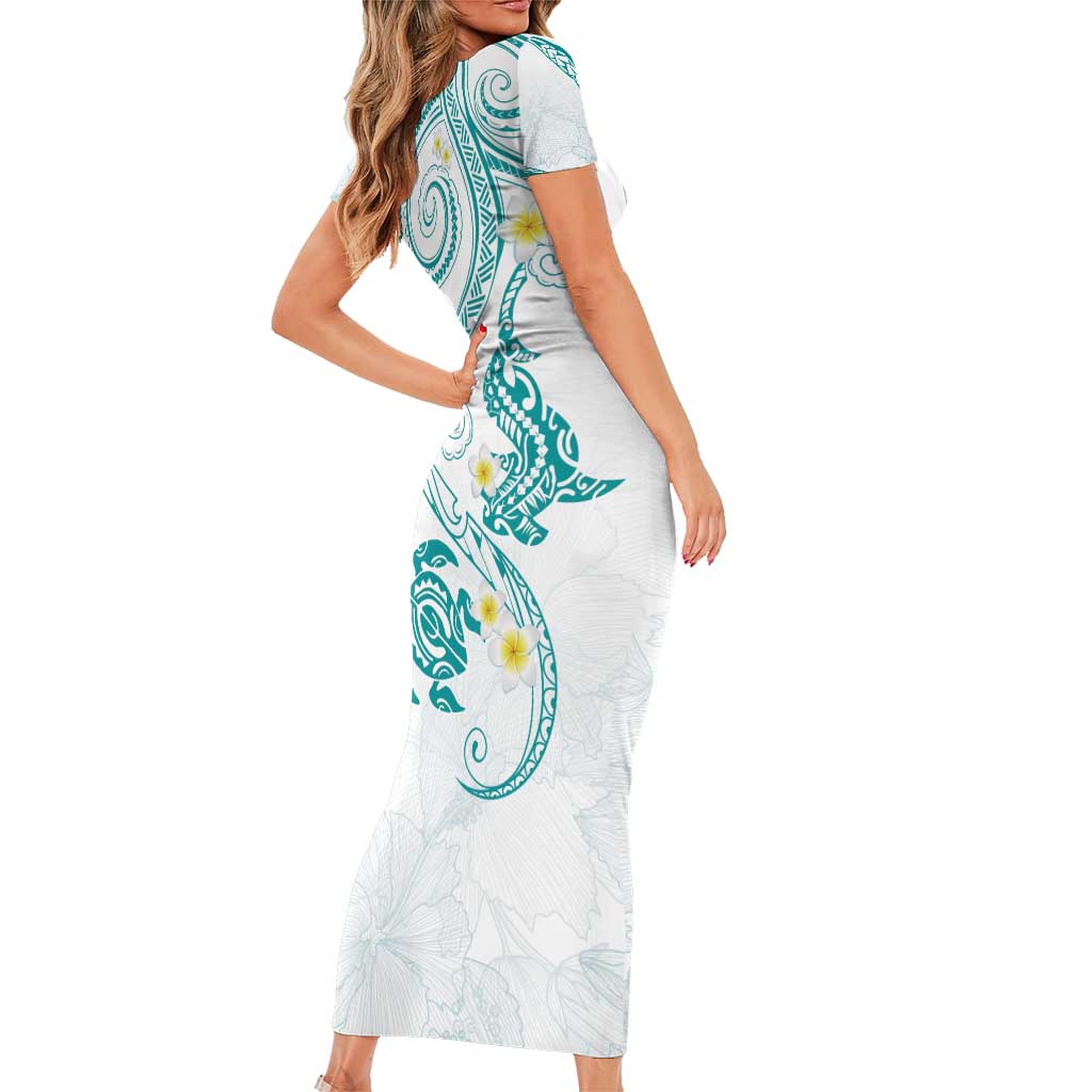 Polynesia Tribal Family Matching Short Sleeve Bodycon Dress and Hawaiian Shirt Teal Plumeria Tentacles