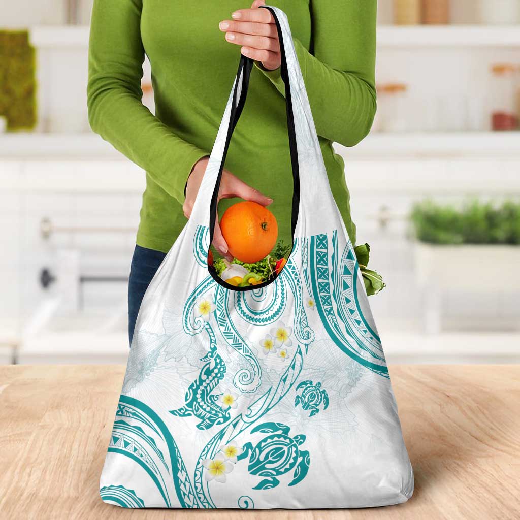 Polynesia Tribal Grocery Bag Teal Plumeria Tentacles