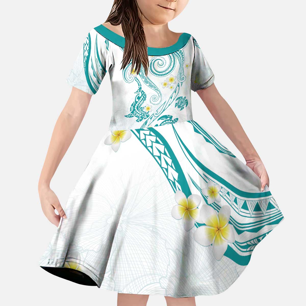 Polynesia Tribal Kid Short Sleeve Dress Teal Plumeria Tentacles LT7 KID Teal - Polynesian Pride