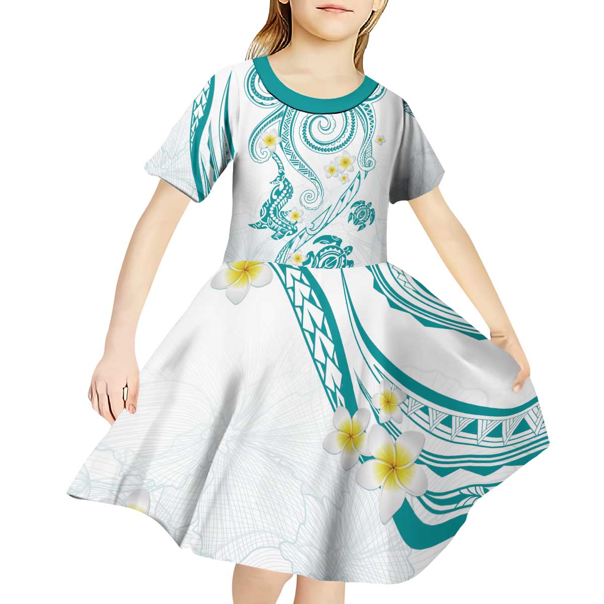 Polynesia Tribal Kid Short Sleeve Dress Teal Plumeria Tentacles LT7 - Polynesian Pride