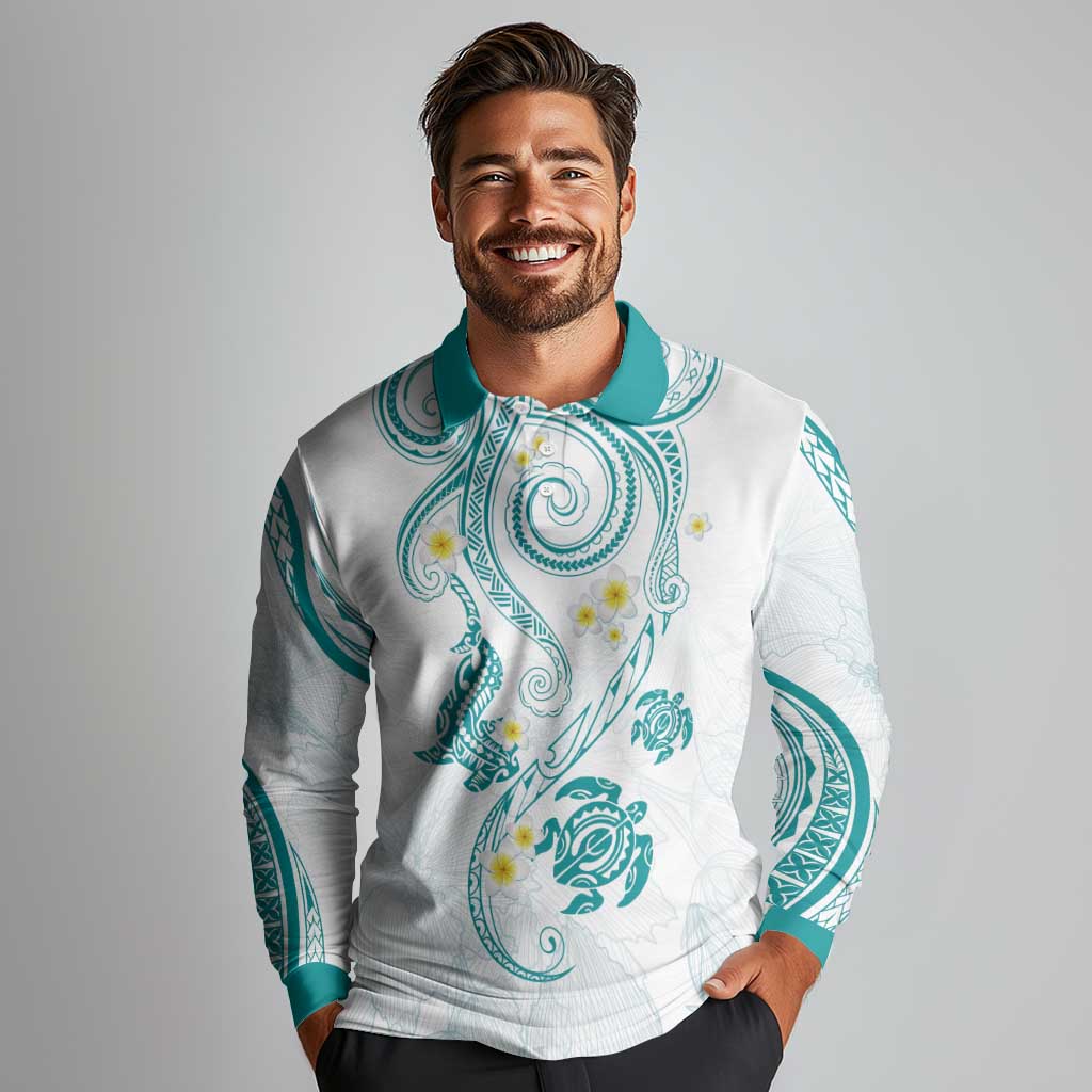 Polynesia Tribal Long Sleeve Polo Shirt Teal Plumeria Tentacles