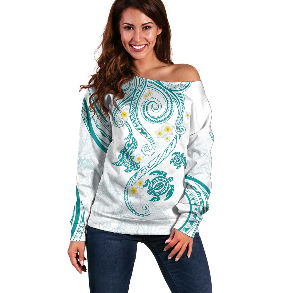 Polynesia Tribal Off Shoulder Sweater Teal Plumeria Tentacles