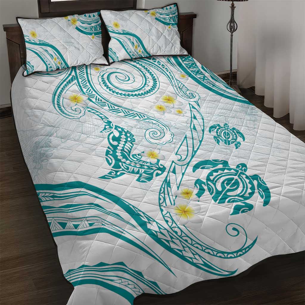 Polynesia Tribal Quilt Bed Set Teal Plumeria Tentacles