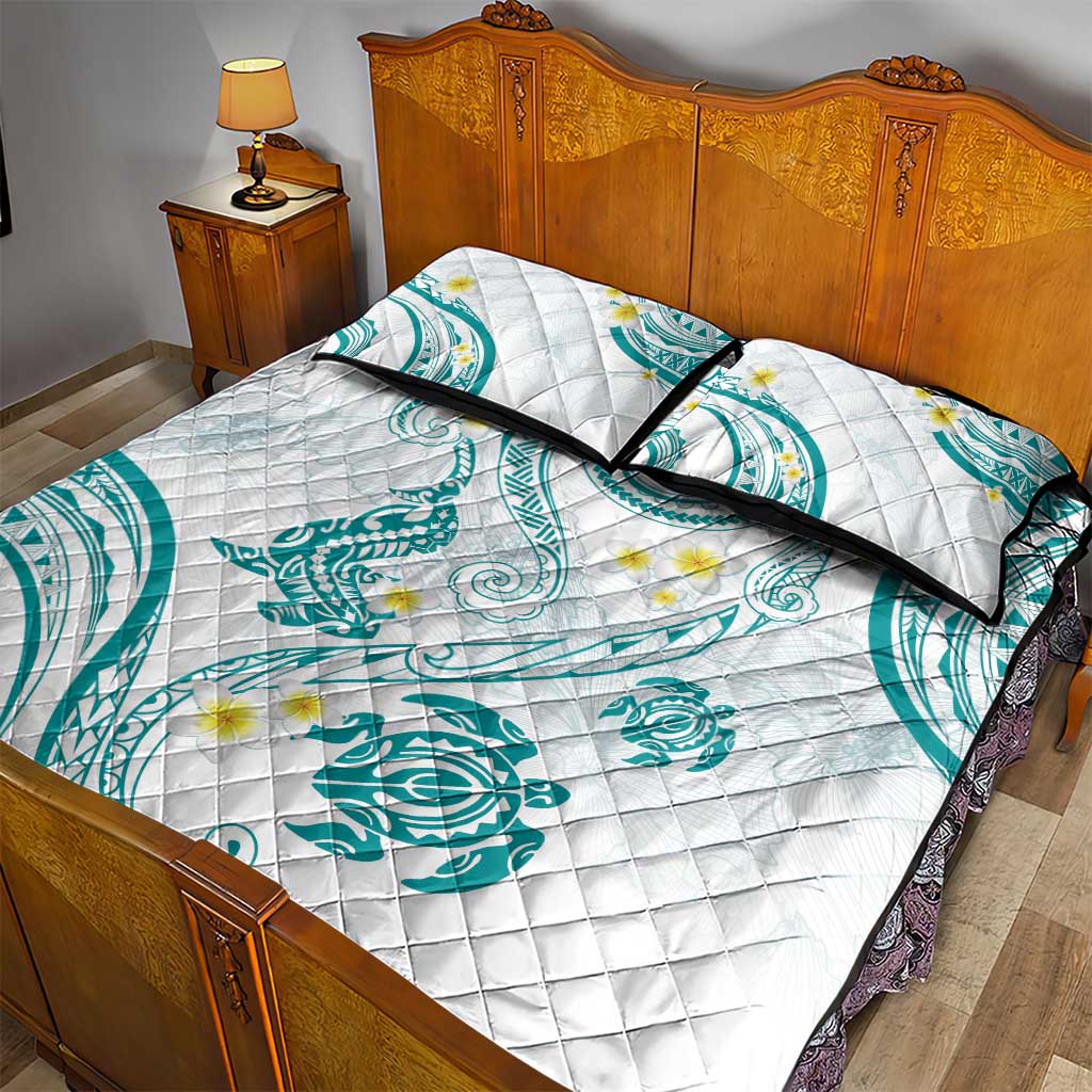 Polynesia Tribal Quilt Bed Set Teal Plumeria Tentacles