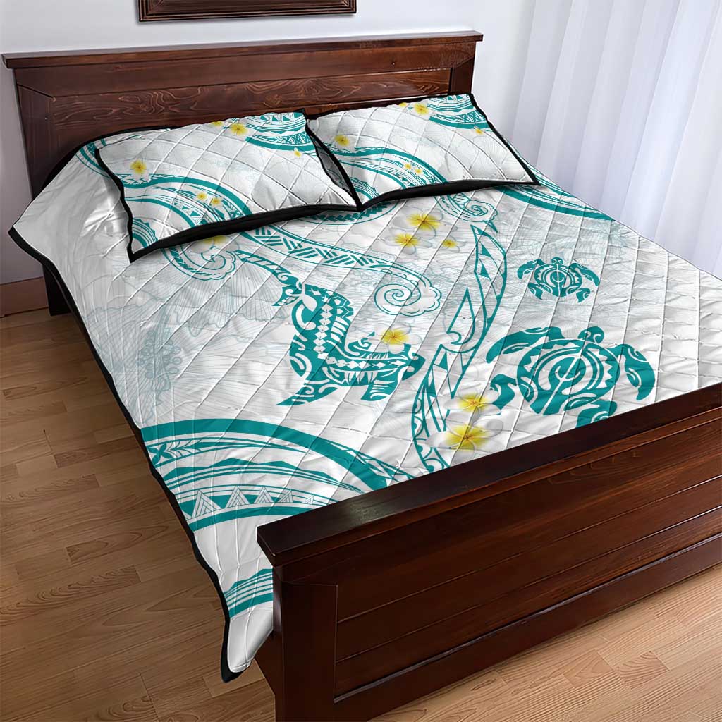 Polynesia Tribal Quilt Bed Set Teal Plumeria Tentacles