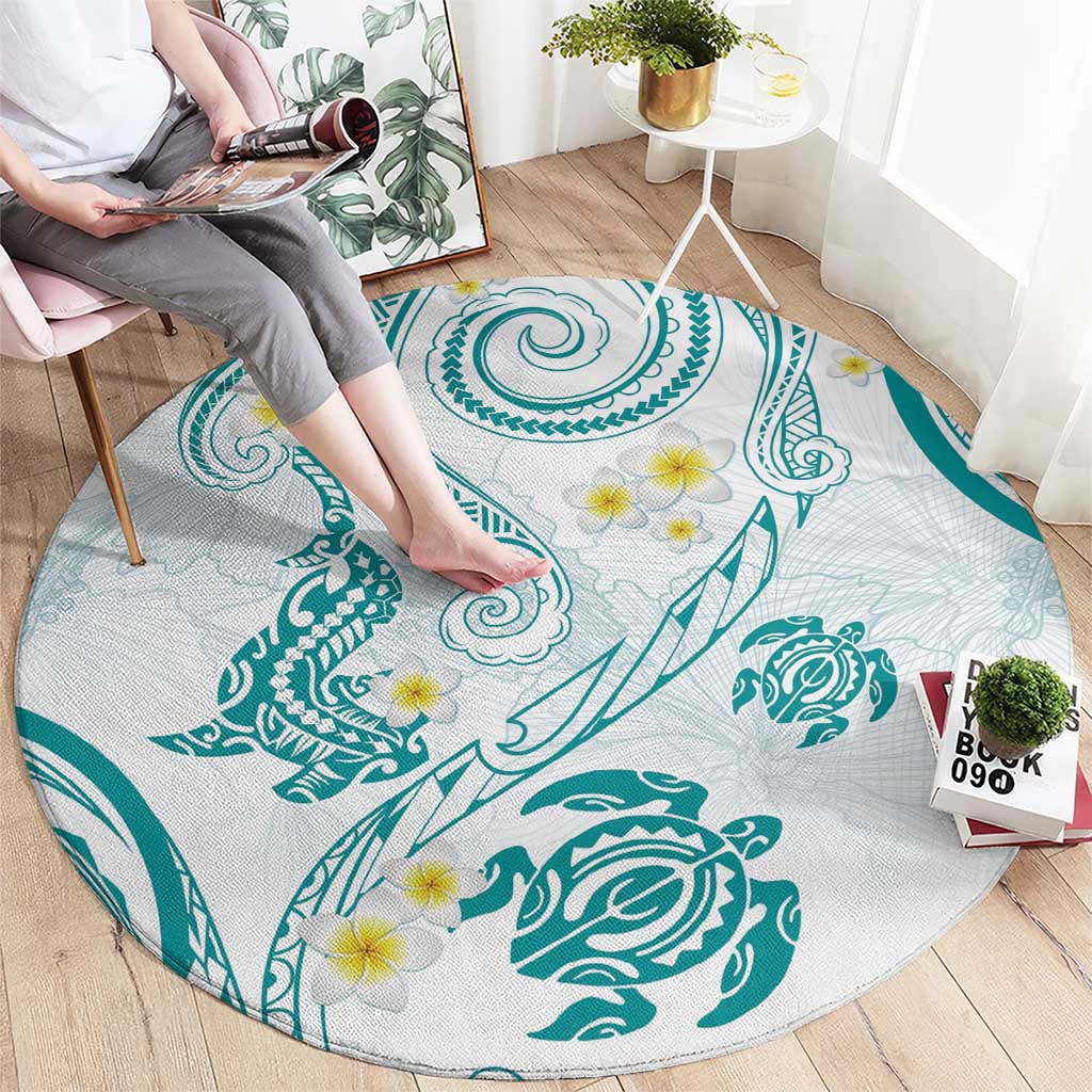 Polynesia Tribal Round Carpet Teal Plumeria Tentacles LT7 - Polynesian Pride