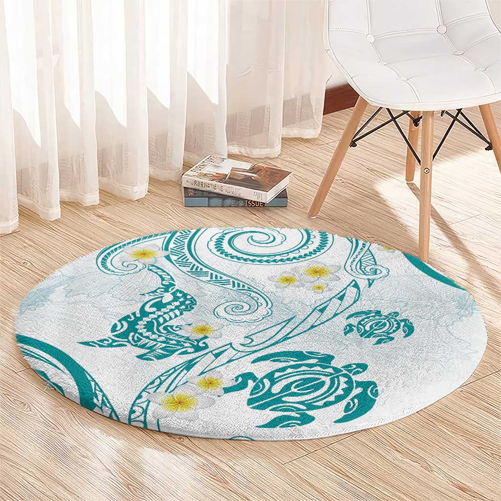 Polynesia Tribal Round Carpet Teal Plumeria Tentacles LT7 - Polynesian Pride