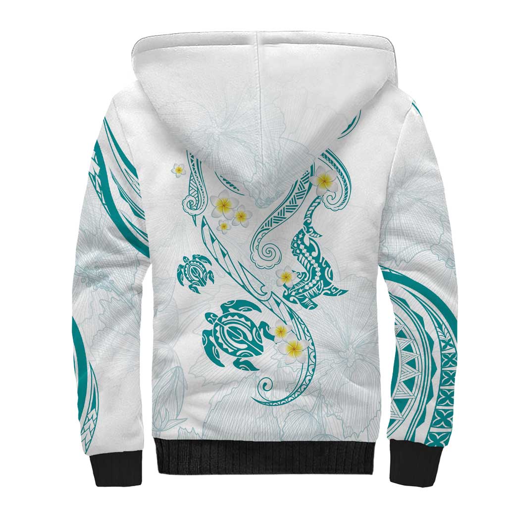 Polynesia Tribal Sherpa Hoodie Teal Plumeria Tentacles