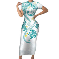 Polynesia Tribal Short Sleeve Bodycon Dress Teal Plumeria Tentacles LT7 Long Dress Teal - Polynesian Pride