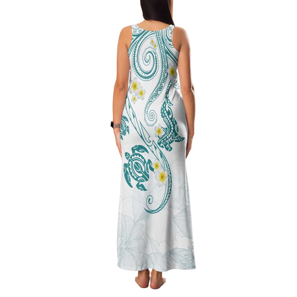 Polynesia Tribal Tank Maxi Dress Teal Plumeria Tentacles