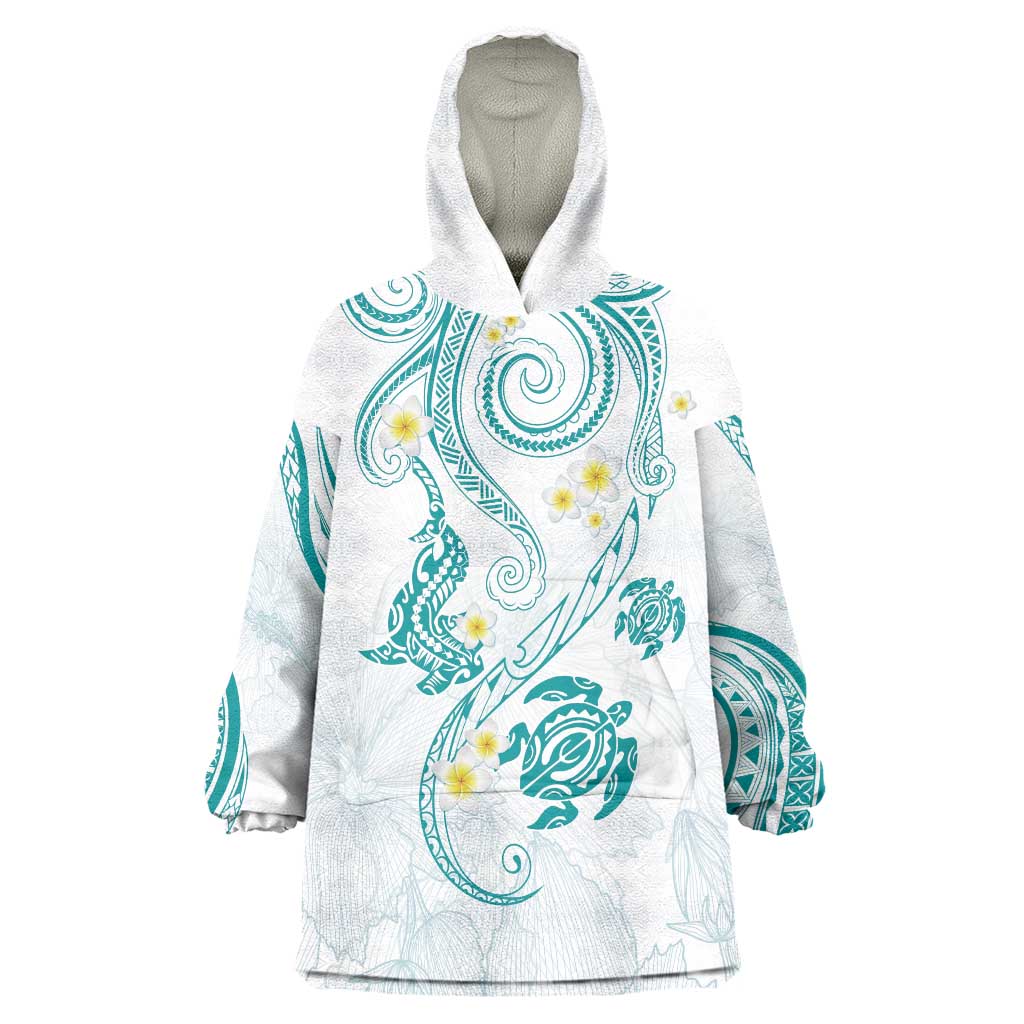 Polynesia Tribal Wearable Blanket Hoodie Teal Plumeria Tentacles