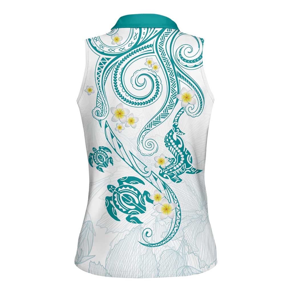 Polynesia Tribal Women Sleeveless Polo Shirt Teal Plumeria Tentacles