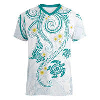 Polynesia Tribal Women V-Neck T-Shirt Teal Plumeria Tentacles