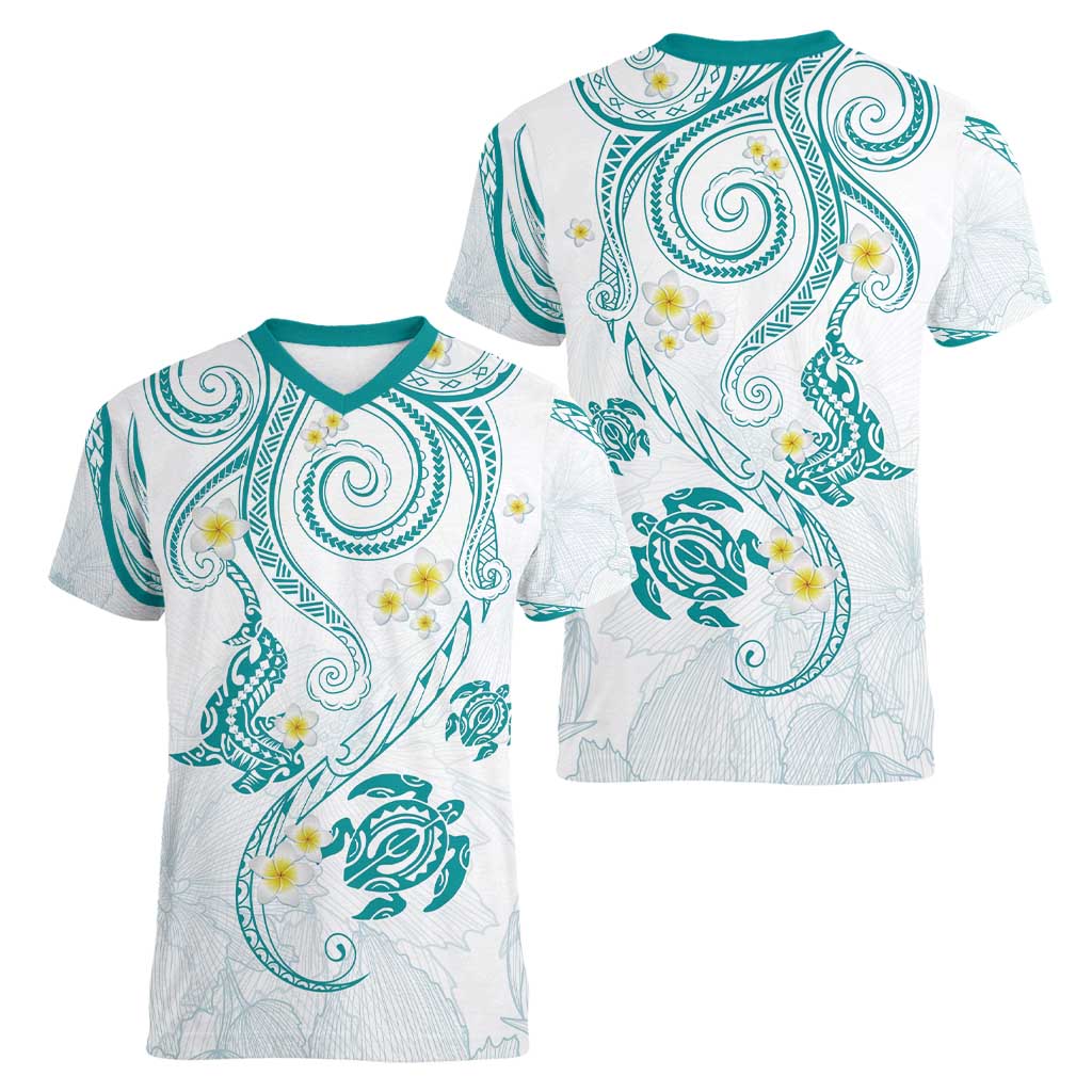 Polynesia Tribal Women V-Neck T-Shirt Teal Plumeria Tentacles