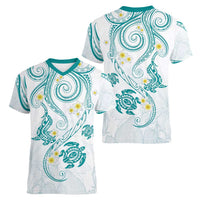 Polynesia Tribal Women V-Neck T-Shirt Teal Plumeria Tentacles