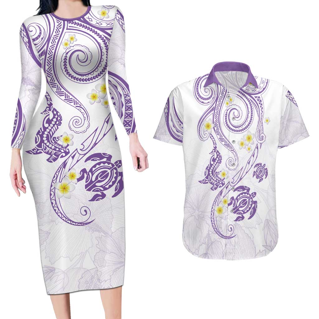 Polynesia Tribal Couples Matching Long Sleeve Bodycon Dress and Hawaiian Shirt Lilac Plumeria Tentacles