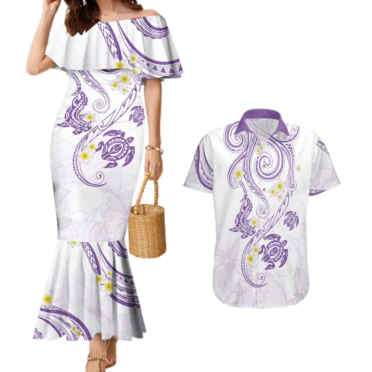 Polynesia Tribal Couples Matching Mermaid Dress and Hawaiian Shirt Lilac Plumeria Tentacles