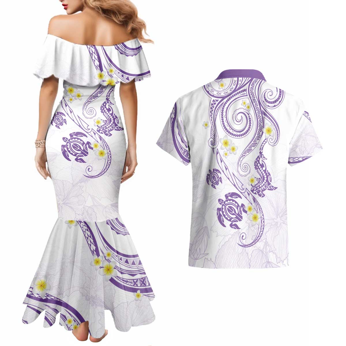 Polynesia Tribal Couples Matching Mermaid Dress and Hawaiian Shirt Lilac Plumeria Tentacles
