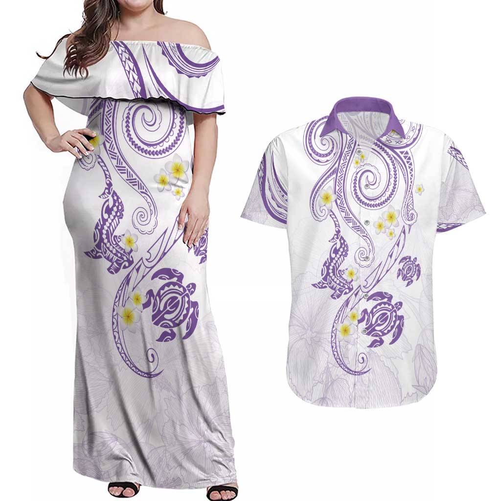 Polynesia Tribal Couples Matching Off Shoulder Maxi Dress and Hawaiian Shirt Lilac Plumeria Tentacles