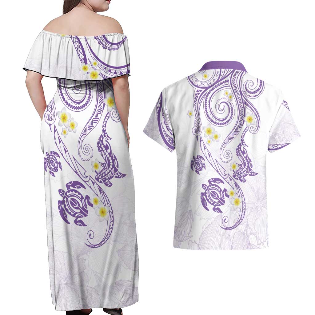 Polynesia Tribal Couples Matching Off Shoulder Maxi Dress and Hawaiian Shirt Lilac Plumeria Tentacles