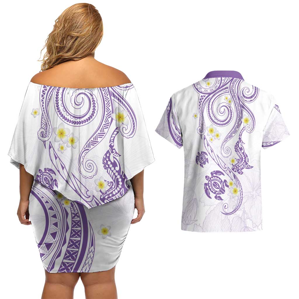 Polynesia Tribal Couples Matching Off Shoulder Short Dress and Hawaiian Shirt Lilac Plumeria Tentacles