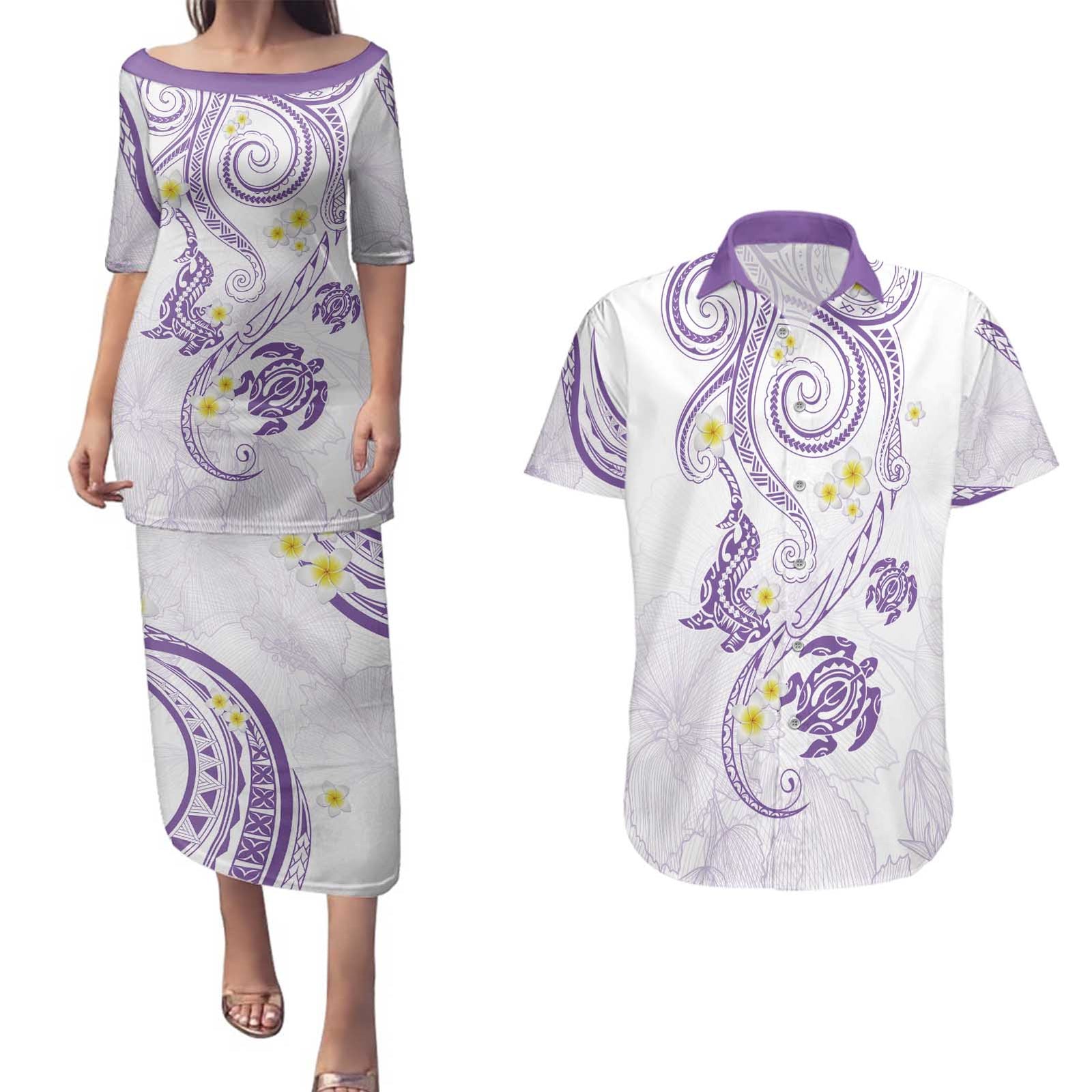 Polynesia Tribal Couples Matching Puletasi and Hawaiian Shirt Lilac Plumeria Tentacles
