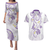 Polynesia Tribal Couples Matching Puletasi and Hawaiian Shirt Lilac Plumeria Tentacles