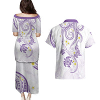 Polynesia Tribal Couples Matching Puletasi and Hawaiian Shirt Lilac Plumeria Tentacles
