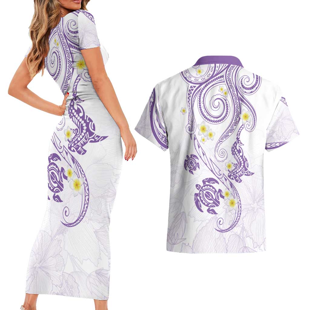 Polynesia Tribal Couples Matching Short Sleeve Bodycon Dress and Hawaiian Shirt Lilac Plumeria Tentacles