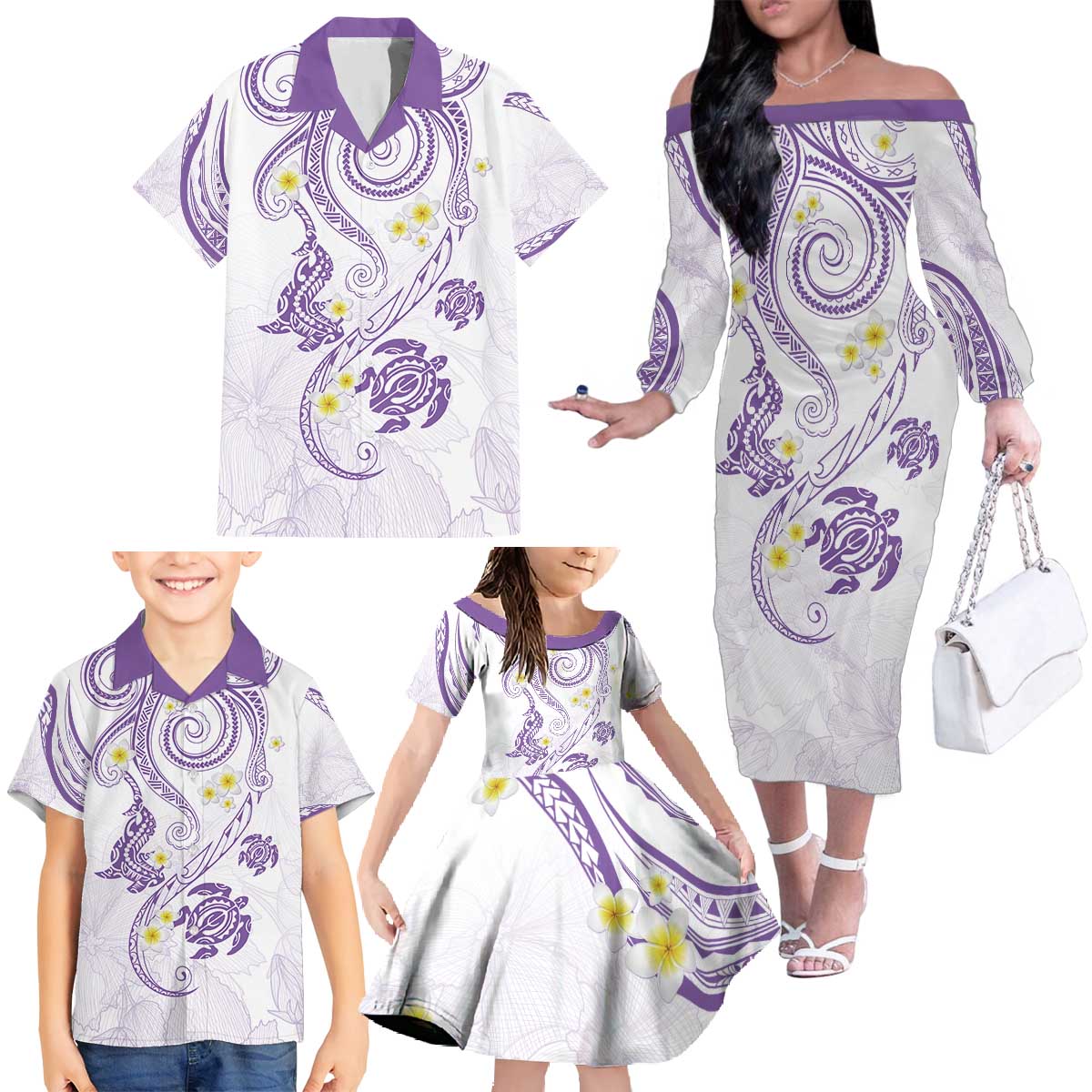 Polynesia Tribal Family Matching Off The Shoulder Long Sleeve Dress and Hawaiian Shirt Lilac Plumeria Tentacles