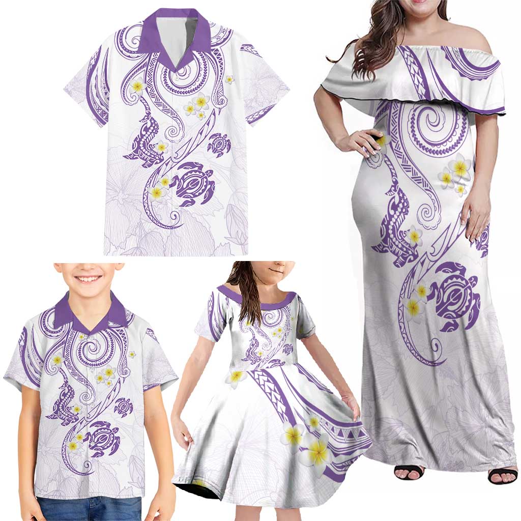Polynesia Tribal Family Matching Off Shoulder Maxi Dress and Hawaiian Shirt Lilac Plumeria Tentacles