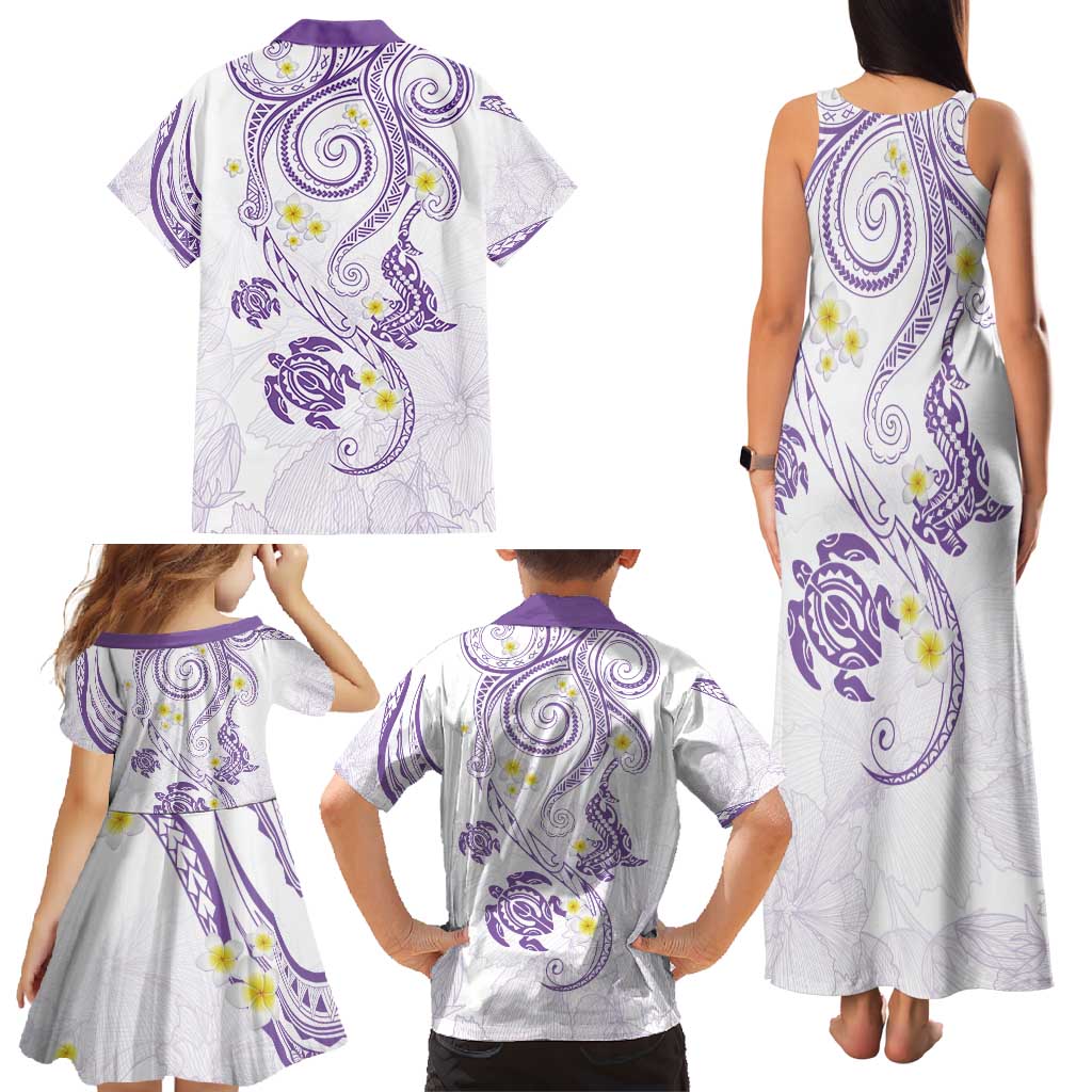 Polynesia Tribal Family Matching Tank Maxi Dress and Hawaiian Shirt Lilac Plumeria Tentacles