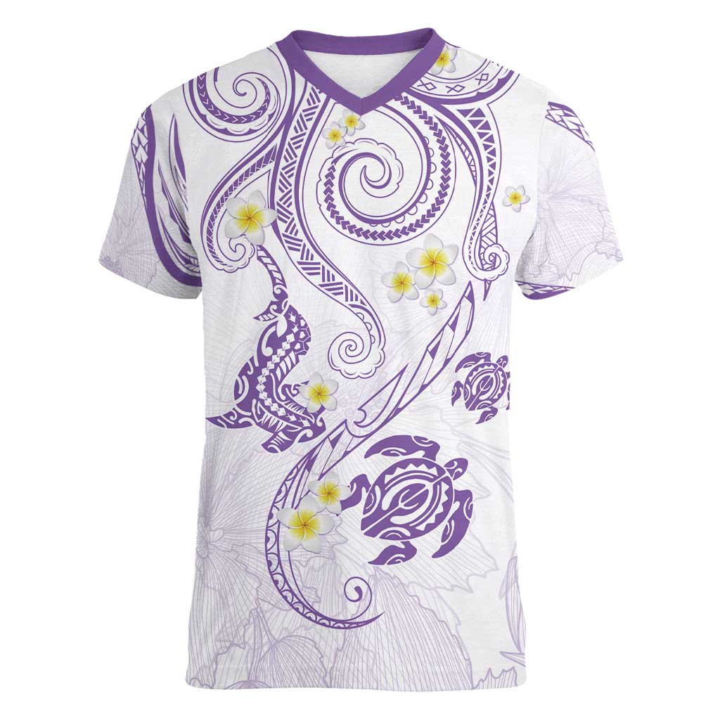 Polynesia Tribal Women V-Neck T-Shirt Lilac Plumeria Tentacles