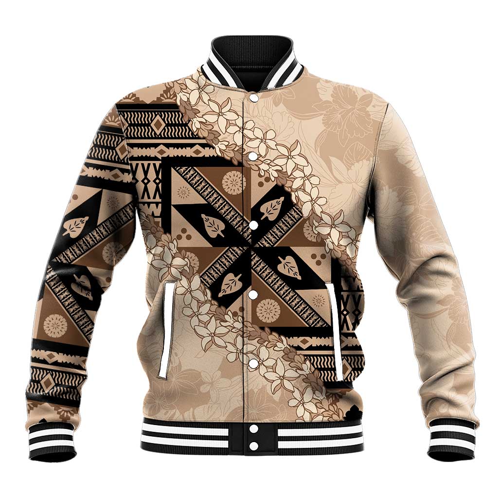 Bula Fiji Plumeria Tagimoucia Salusalu Beige Baseball Jacket Kaiviti Masi - Polynesian Pride