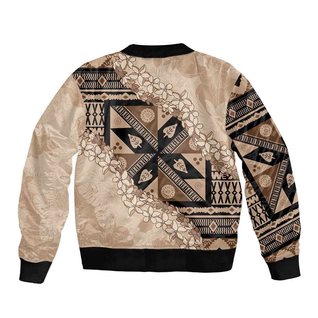 Bula Fiji Plumeria Tagimoucia Salusalu Beige Bomber Jacket Kaiviti Masi - Polynesian Pride