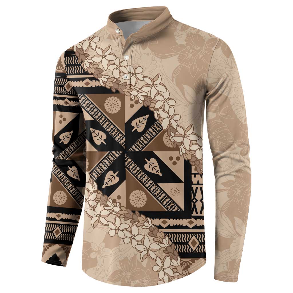 Bula Fiji Plumeria Tagimoucia Salusalu Beige Button Sweatshirt Kaiviti Masi - Polynesian Pride