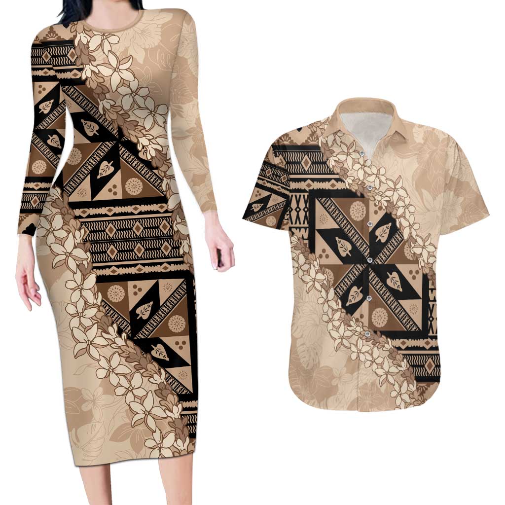 Bula Fiji Plumeria Tagimoucia Salusalu Beige Couples Matching Long Sleeve Bodycon Dress and Hawaiian Shirt Kaiviti Masi - Polynesian Pride