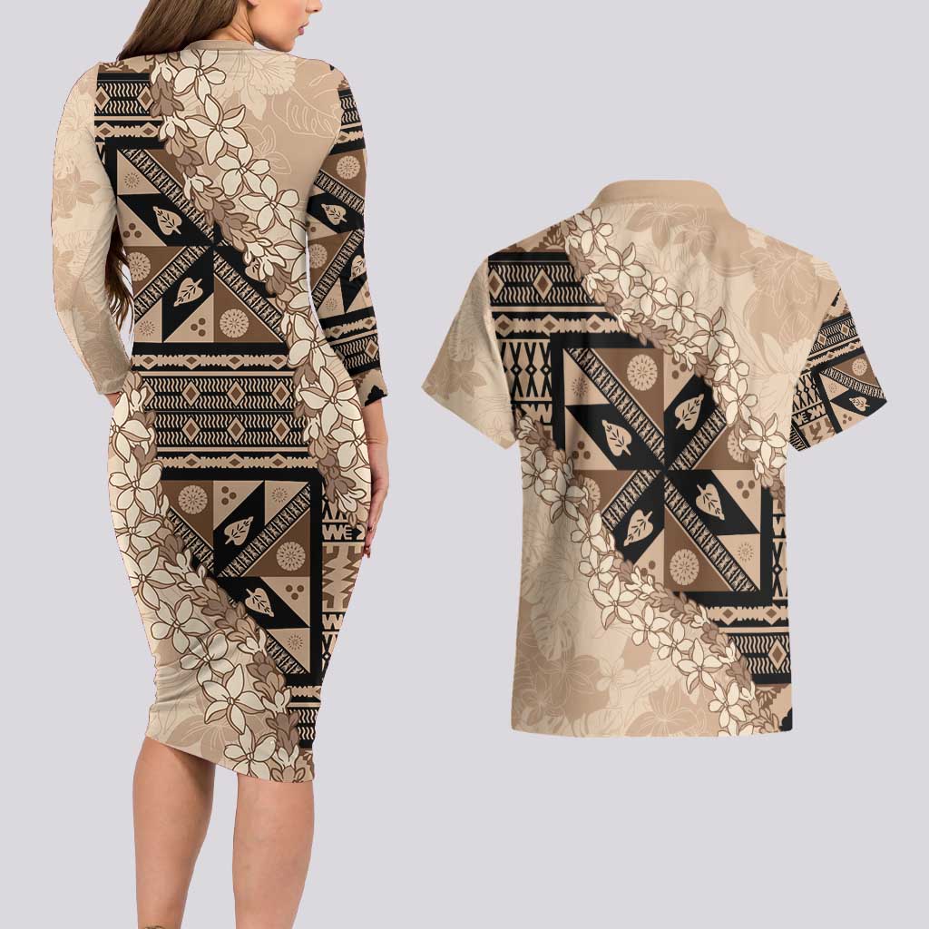 Bula Fiji Plumeria Tagimoucia Salusalu Beige Couples Matching Long Sleeve Bodycon Dress and Hawaiian Shirt Kaiviti Masi - Polynesian Pride