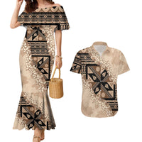 Bula Fiji Plumeria Tagimoucia Salusalu Beige Couples Matching Mermaid Dress and Hawaiian Shirt Kaiviti Masi - Polynesian Pride