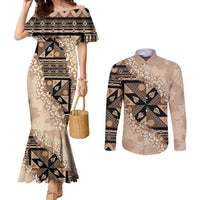 Bula Fiji Plumeria Tagimoucia Salusalu Beige Couples Matching Mermaid Dress and Long Sleeve Button Shirt Kaiviti Masi - Polynesian Pride