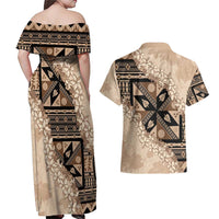Bula Fiji Plumeria Tagimoucia Salusalu Beige Couples Matching Off Shoulder Maxi Dress and Hawaiian Shirt Kaiviti Masi - Polynesian Pride