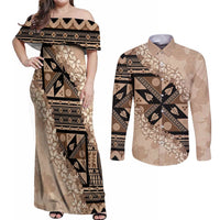 Bula Fiji Plumeria Tagimoucia Salusalu Beige Couples Matching Off Shoulder Maxi Dress and Long Sleeve Button Shirt Kaiviti Masi - Polynesian Pride