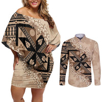 Bula Fiji Plumeria Tagimoucia Salusalu Beige Couples Matching Off Shoulder Short Dress and Long Sleeve Button Shirt Kaiviti Masi - Polynesian Pride