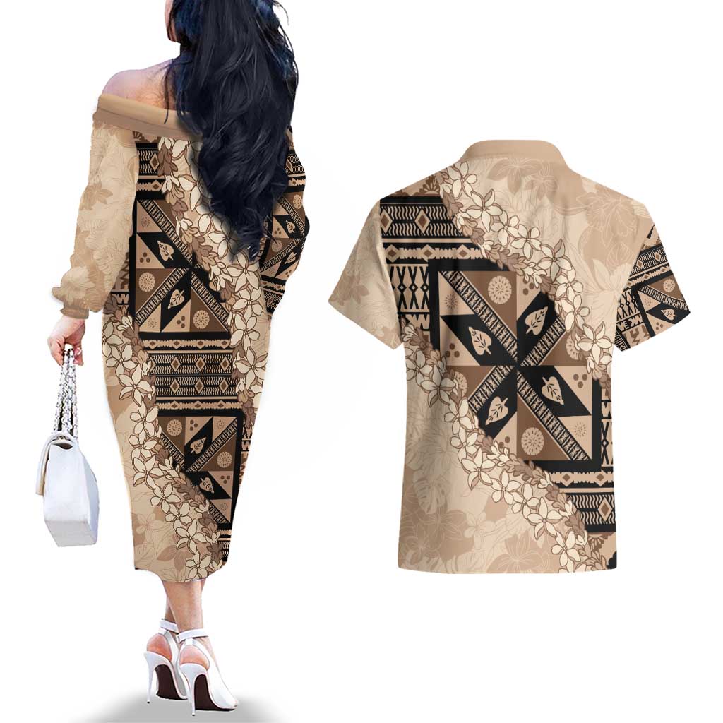 Bula Fiji Plumeria Tagimoucia Salusalu Beige Couples Matching Off The Shoulder Long Sleeve Dress and Hawaiian Shirt Kaiviti Masi - Polynesian Pride