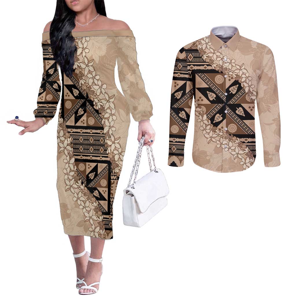 Bula Fiji Plumeria Tagimoucia Salusalu Beige Couples Matching Off The Shoulder Long Sleeve Dress and Long Sleeve Button Shirt Kaiviti Masi - Polynesian Pride