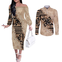 Bula Fiji Plumeria Tagimoucia Salusalu Beige Couples Matching Off The Shoulder Long Sleeve Dress and Long Sleeve Button Shirt Kaiviti Masi - Polynesian Pride