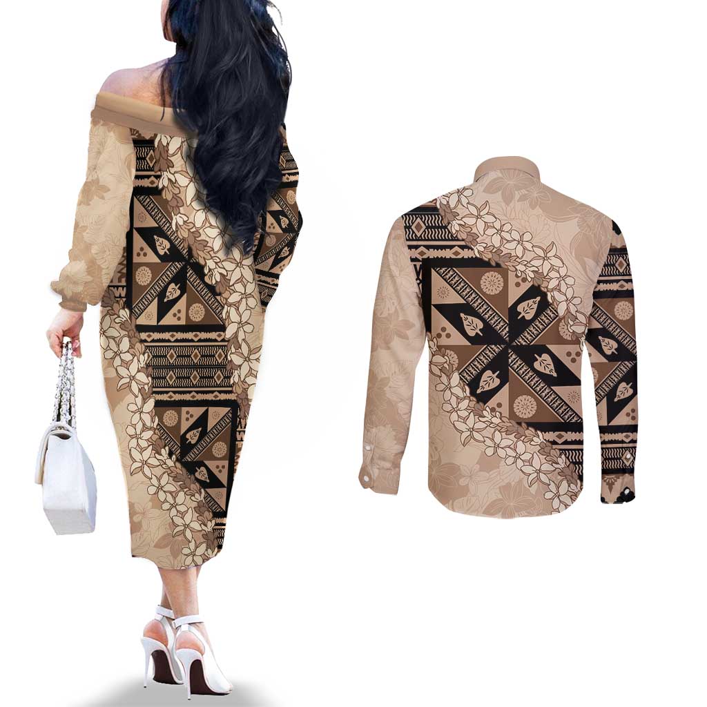 Bula Fiji Plumeria Tagimoucia Salusalu Beige Couples Matching Off The Shoulder Long Sleeve Dress and Long Sleeve Button Shirt Kaiviti Masi - Polynesian Pride