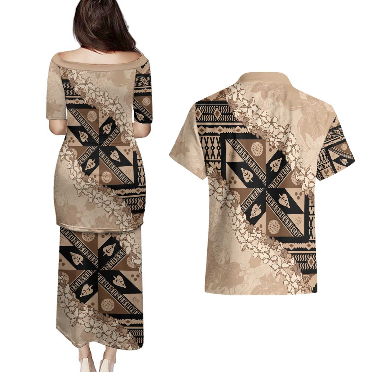 Bula Fiji Plumeria Tagimoucia Salusalu Beige Couples Matching Puletasi and Hawaiian Shirt Kaiviti Masi - Polynesian Pride