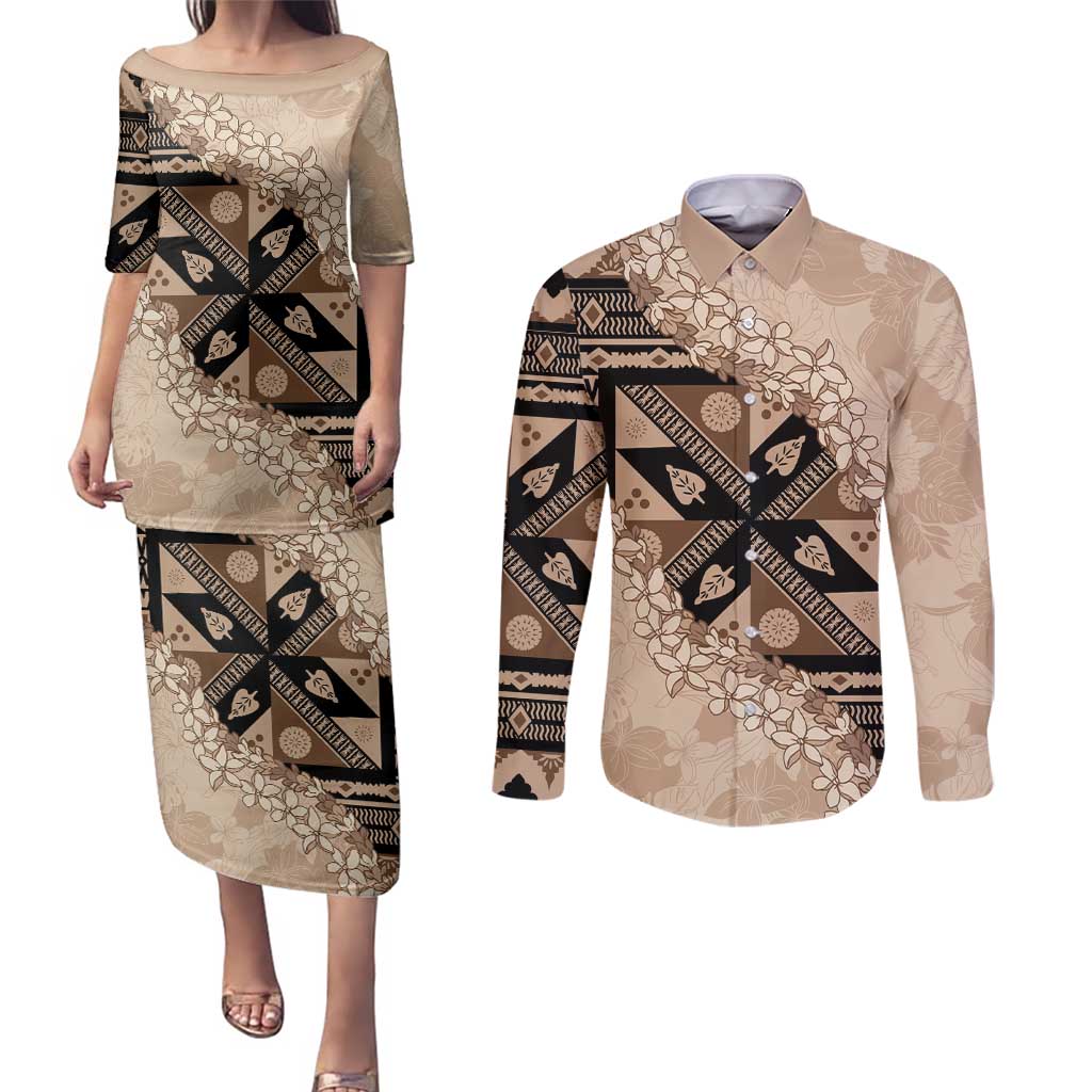 Bula Fiji Plumeria Tagimoucia Salusalu Beige Couples Matching Puletasi and Long Sleeve Button Shirt Kaiviti Masi - Polynesian Pride